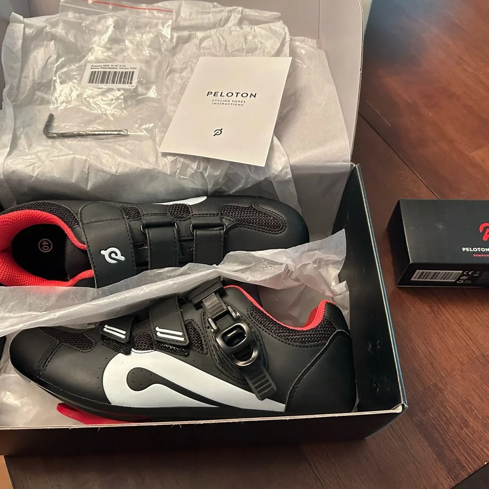 Peloton Bike Shoes & Headphones- Black with Red and White Accents - Picture 2 of 3